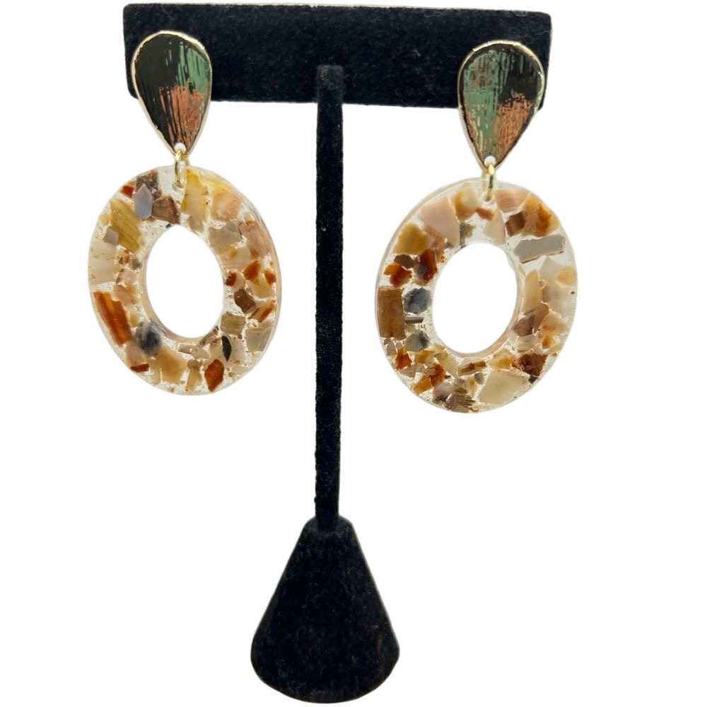 Acrylic oval dangle pebble multicolor post earrings with gold tone hardware